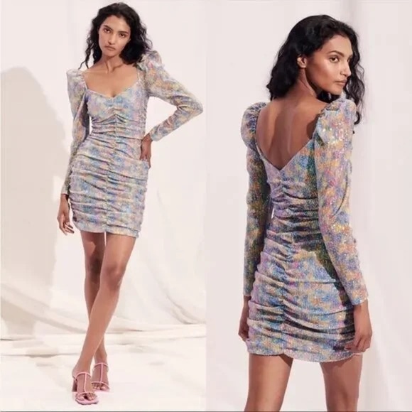 NEW! SAYLOR Lawren Multicolor Sequin Ruched Long Sleeve Mini Dress ✨Small NWT! - Picture 1 of 14